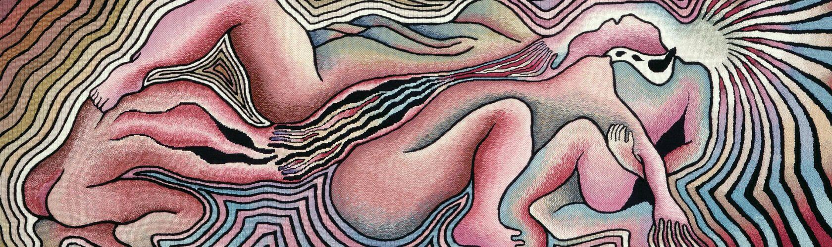 Abstract, colorful textile artwork depicting interwoven human figures outlined by undulating lines.